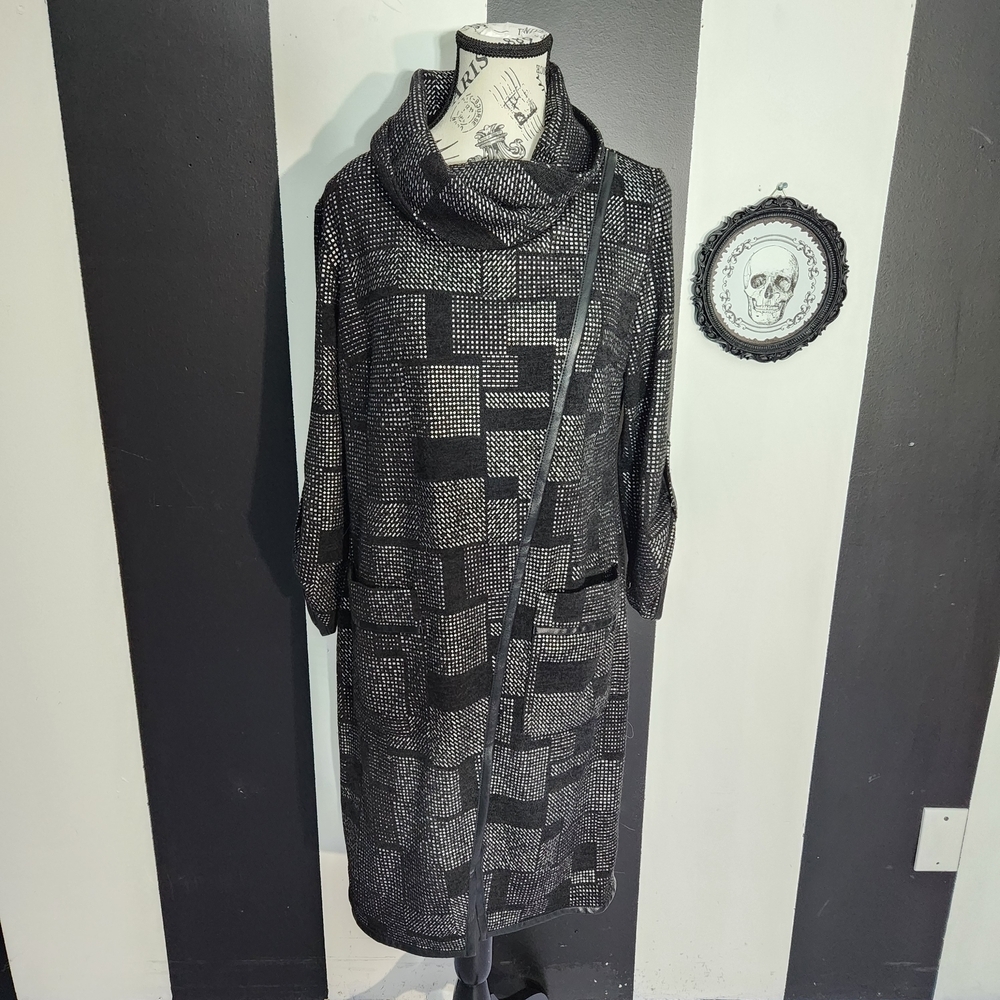 Joseph Ribkoff Black & Silver Geometric Cowl Neck Dress
